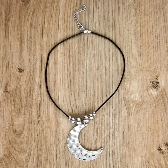 Boho Silver Moon Hammered Necklace Hippy Bohemian - Picture 3 of 6